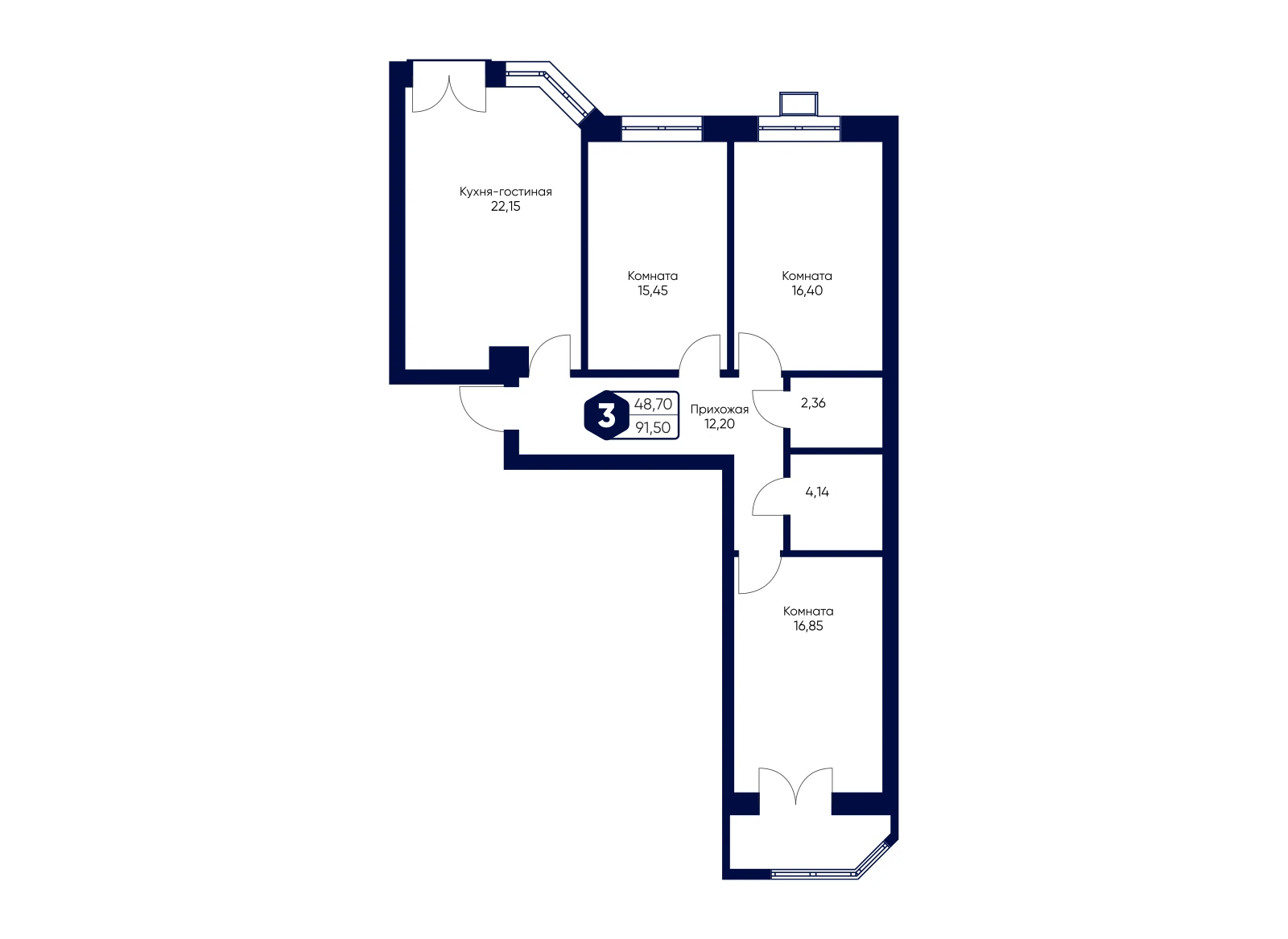 Планировка: 3-комнатная квартира 90,5 м²