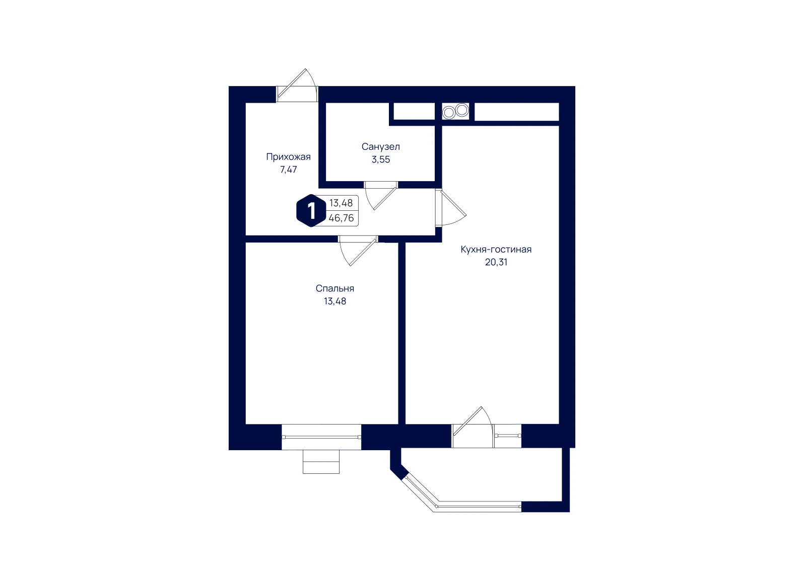Планировка: 1-комнатная квартира 46,76 м²