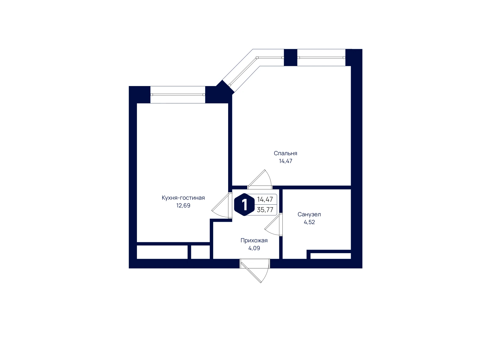 Планировка: 1-комнатная квартира 35,77 м²