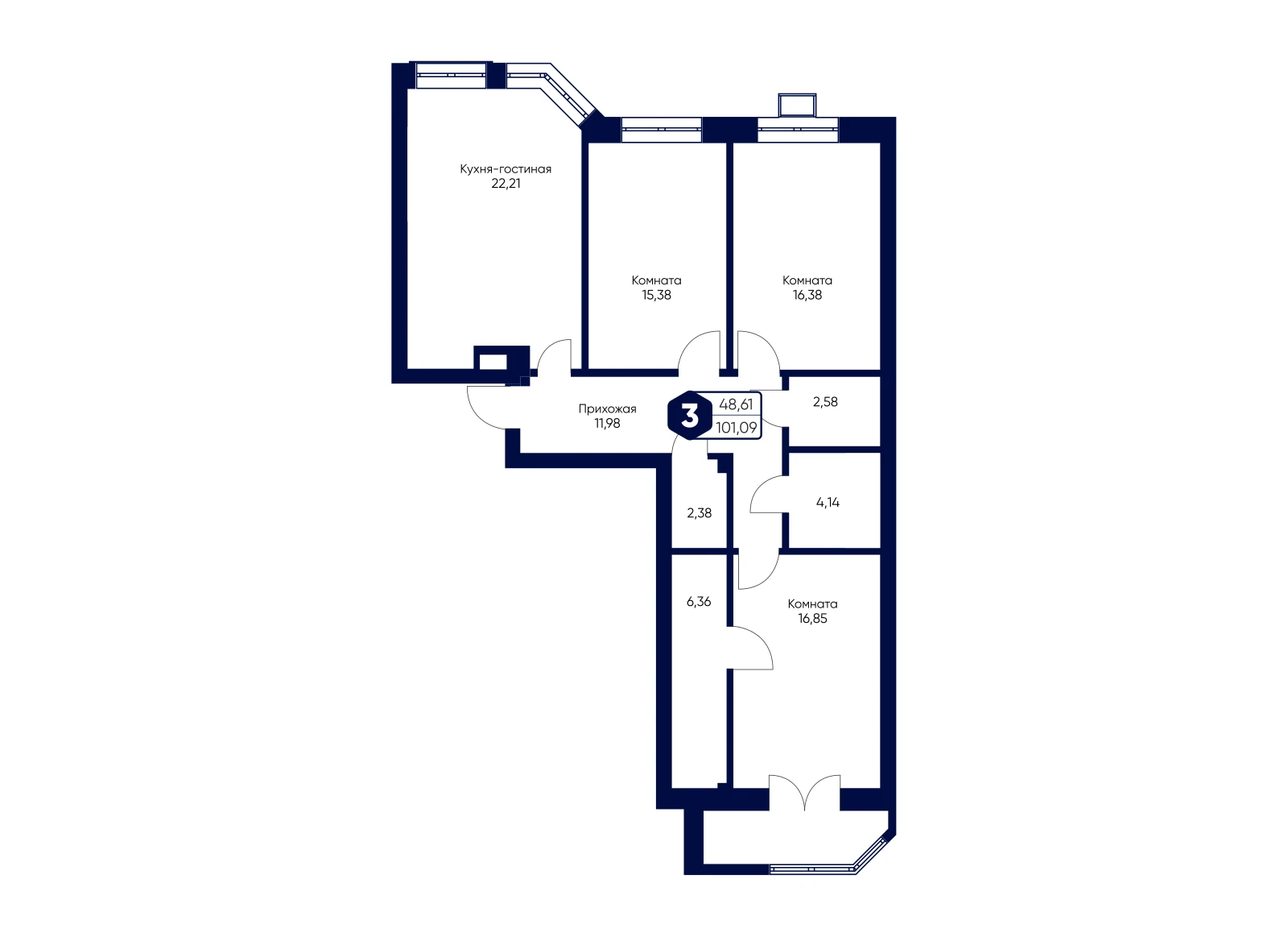 Планировка: 3-комнатная квартира 101,09 м²