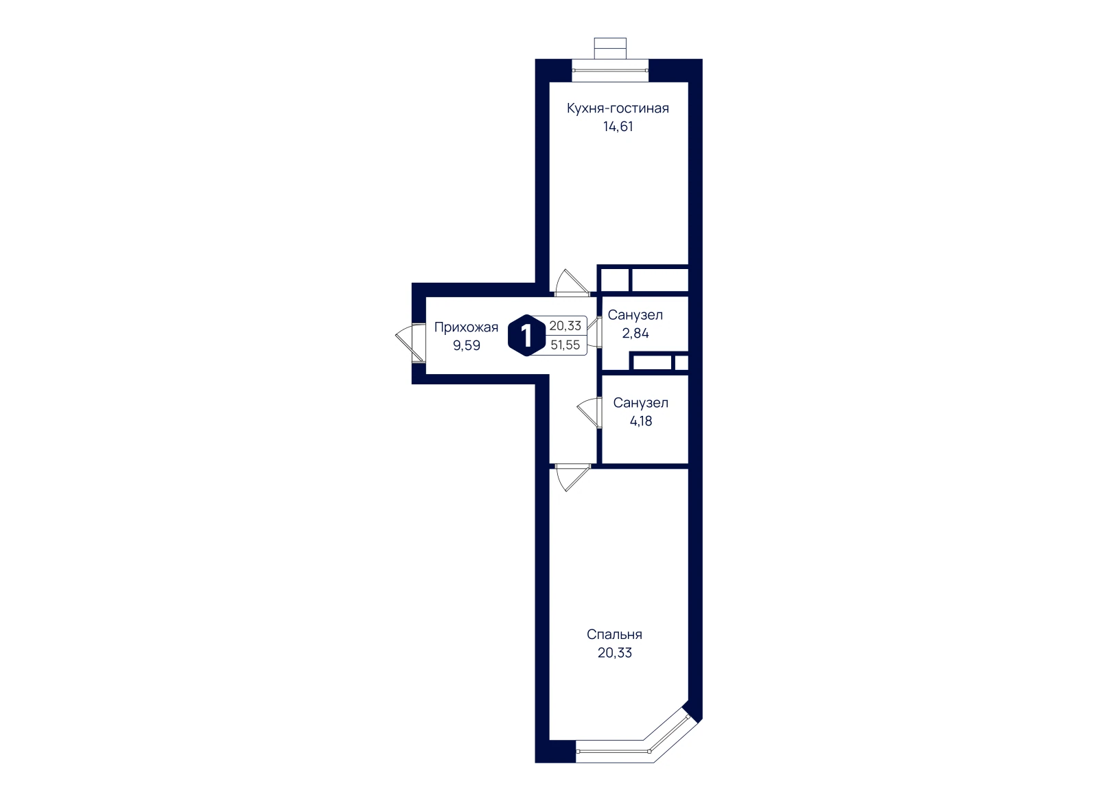 Планировка: 1-комнатная квартира 51,55 м²