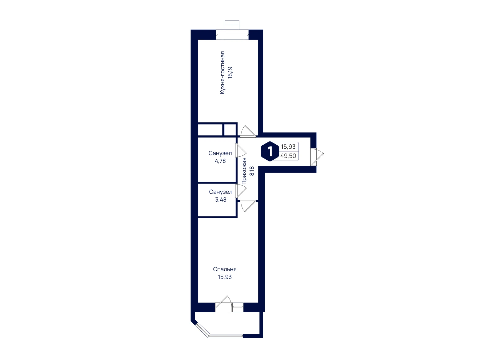 Планировка: 1-комнатная квартира 49,5 м²