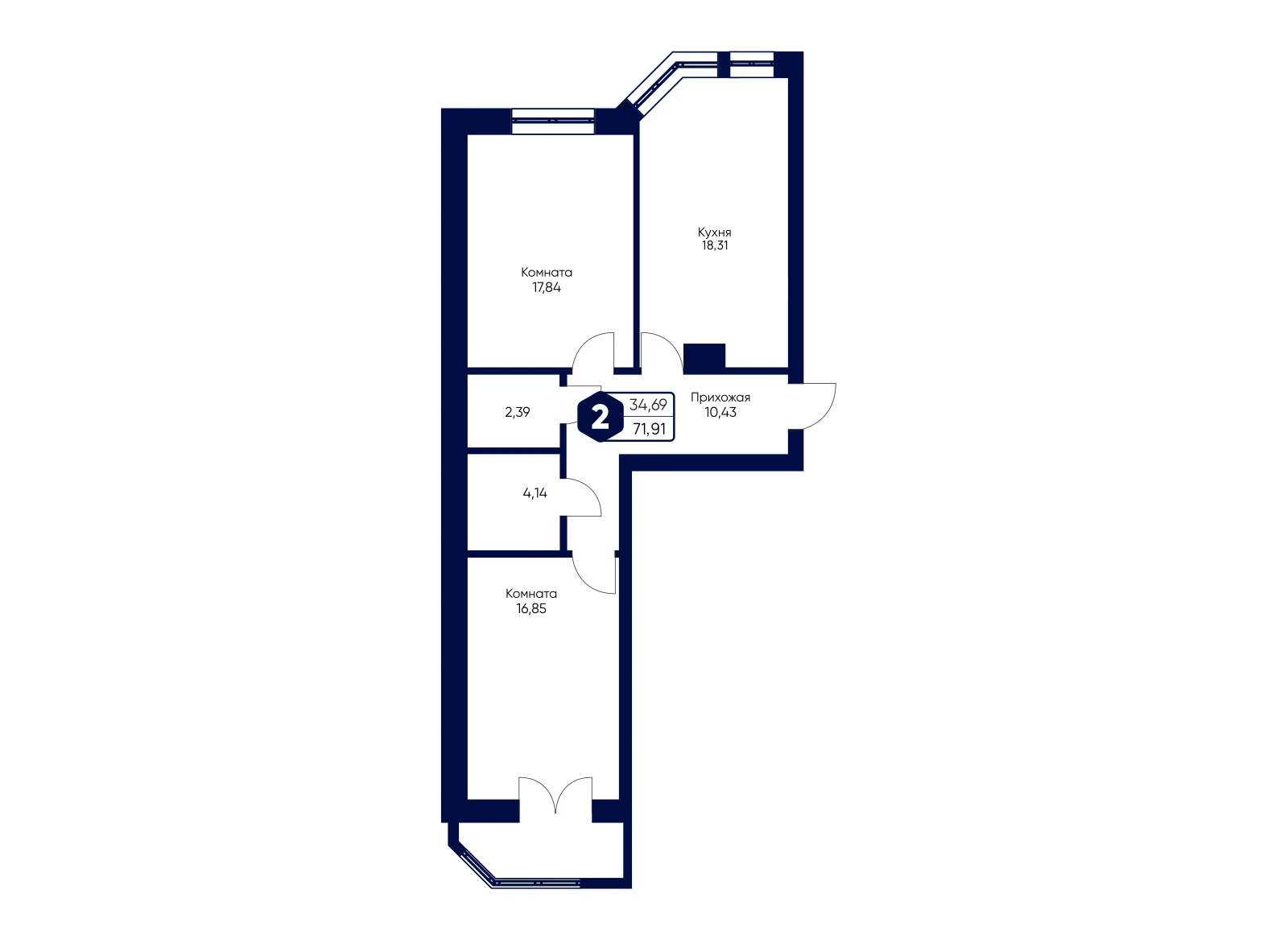 Планировка: 2-комнатная квартира 71,91 м²