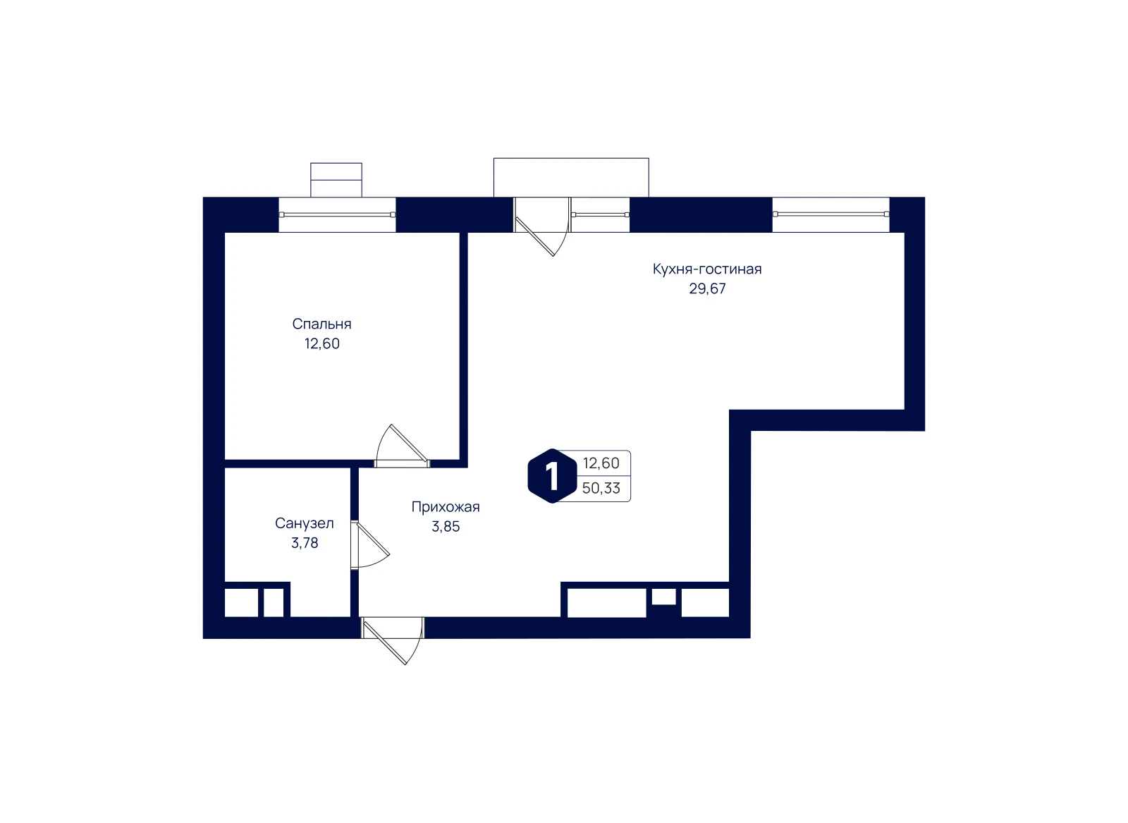 Планировка: 1-комнатная квартира 50,33 м²