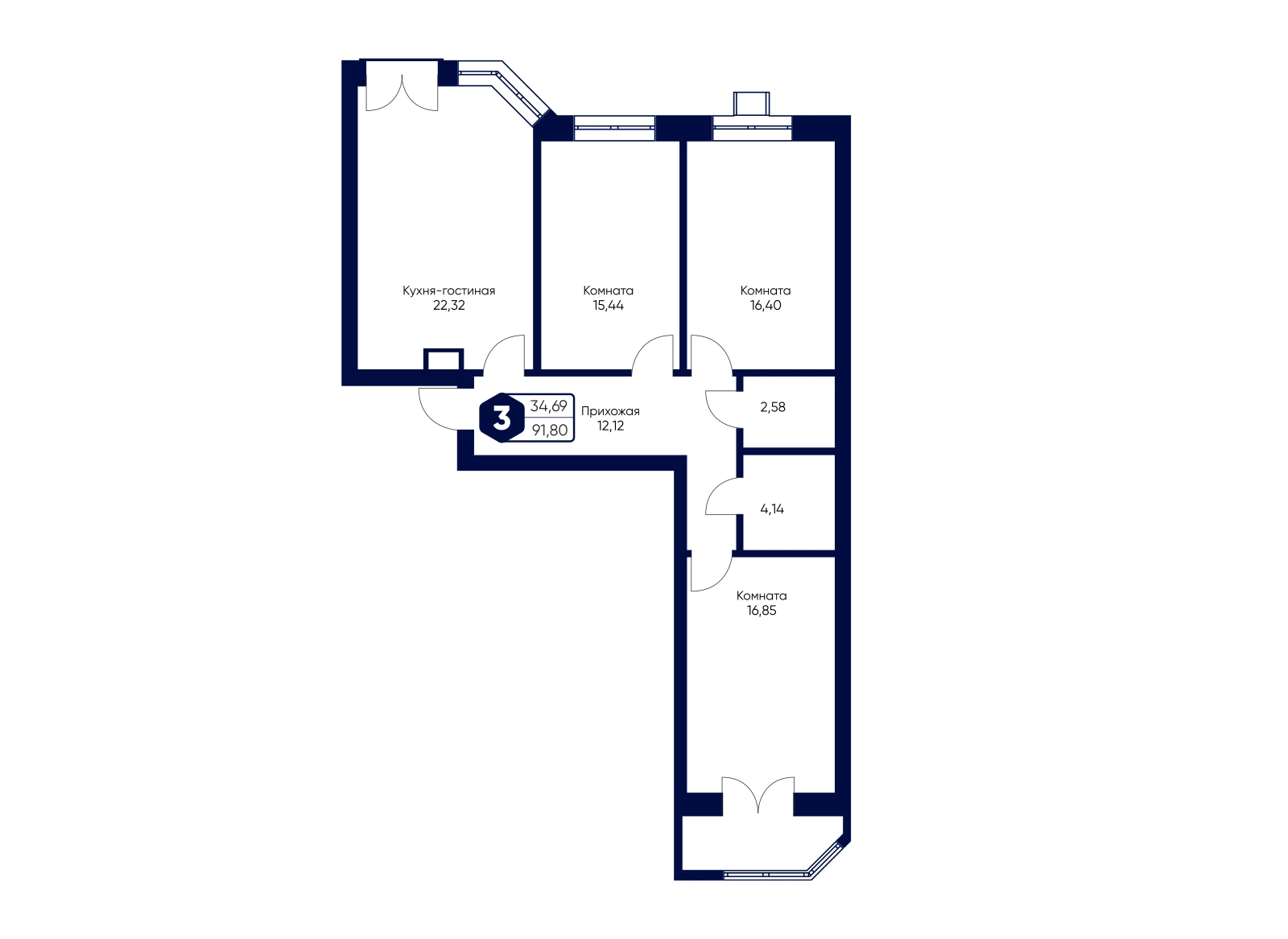 Планировка: 3-комнатная квартира 91,8 м²