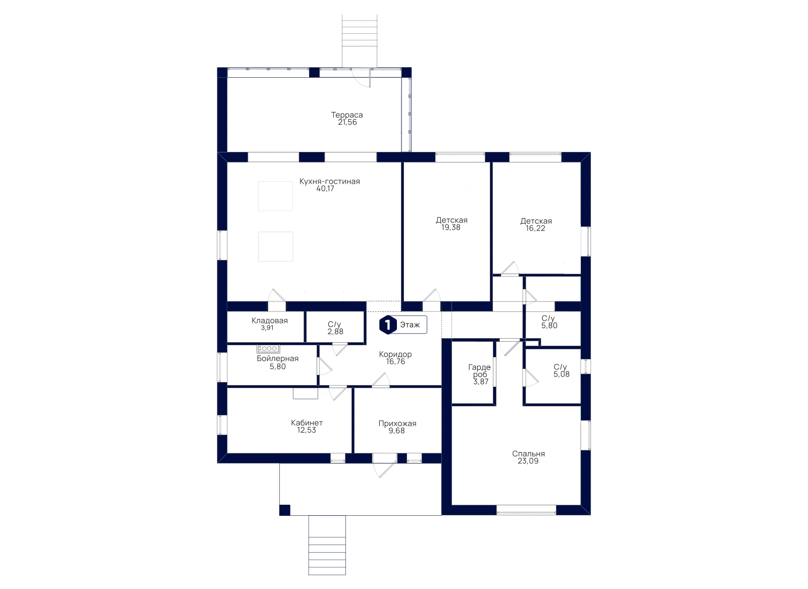 План 1-го этажа: Коттедж 202 м²