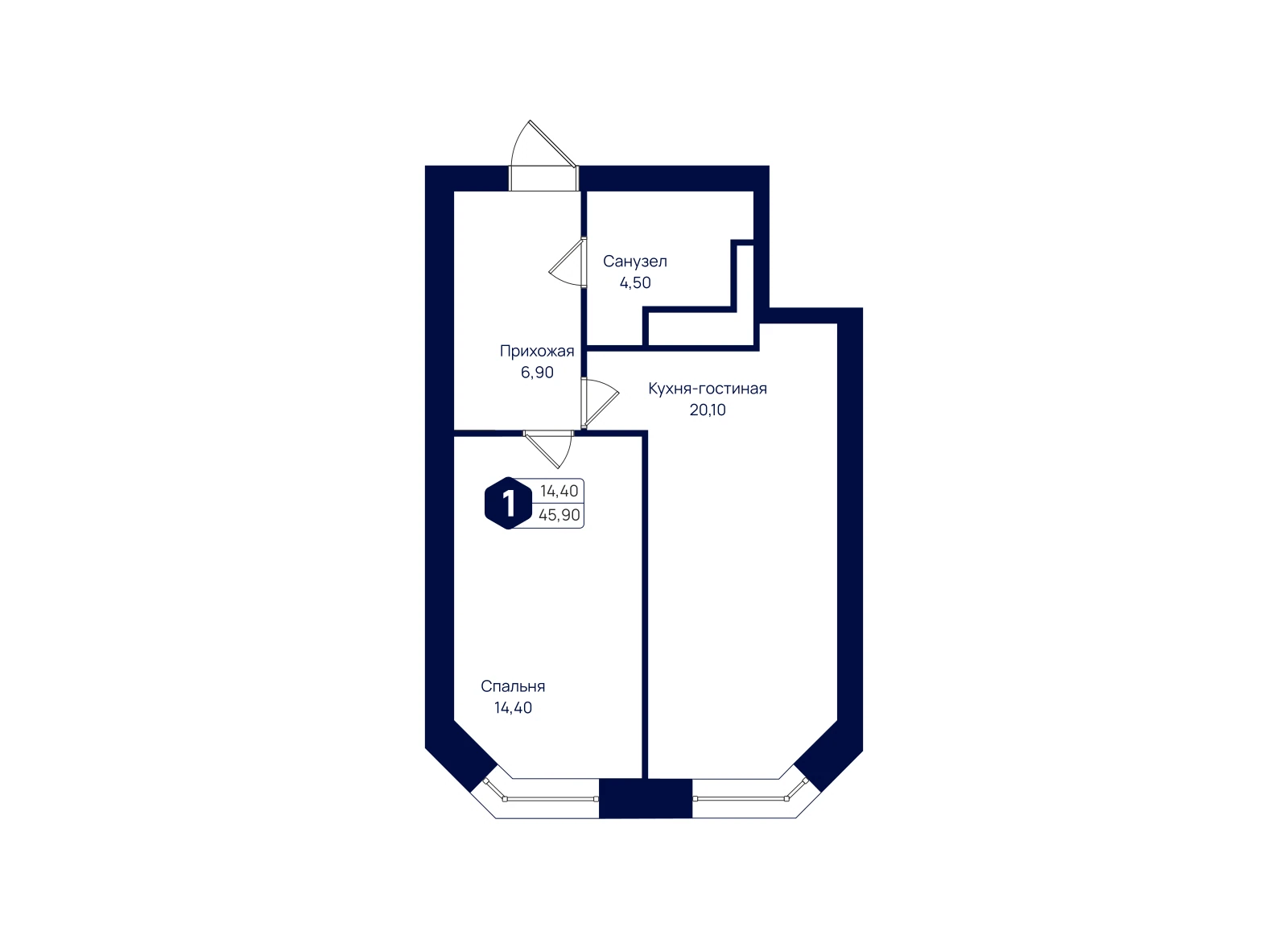 Планировка квартиры: 1-комнатная квартира 45,9 м²