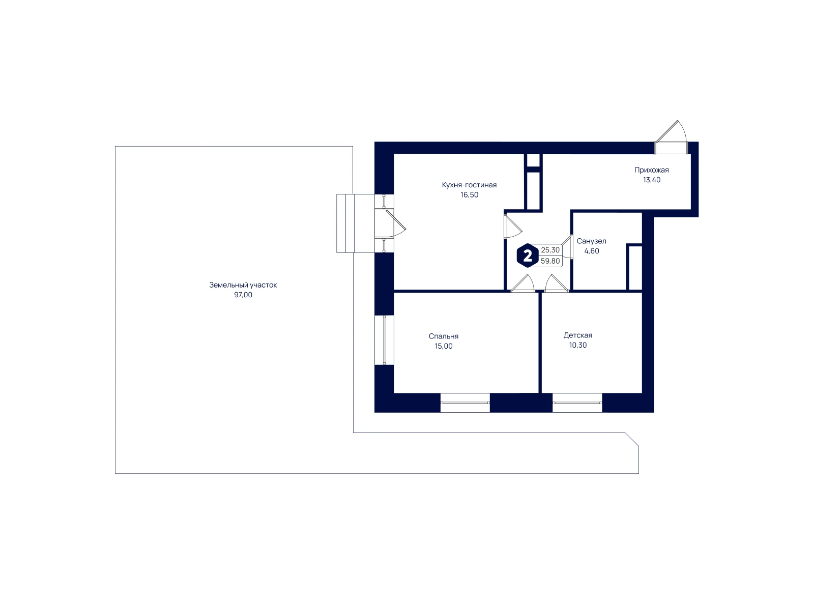 Планировка: 2-комнатная квартира 59,8 м²