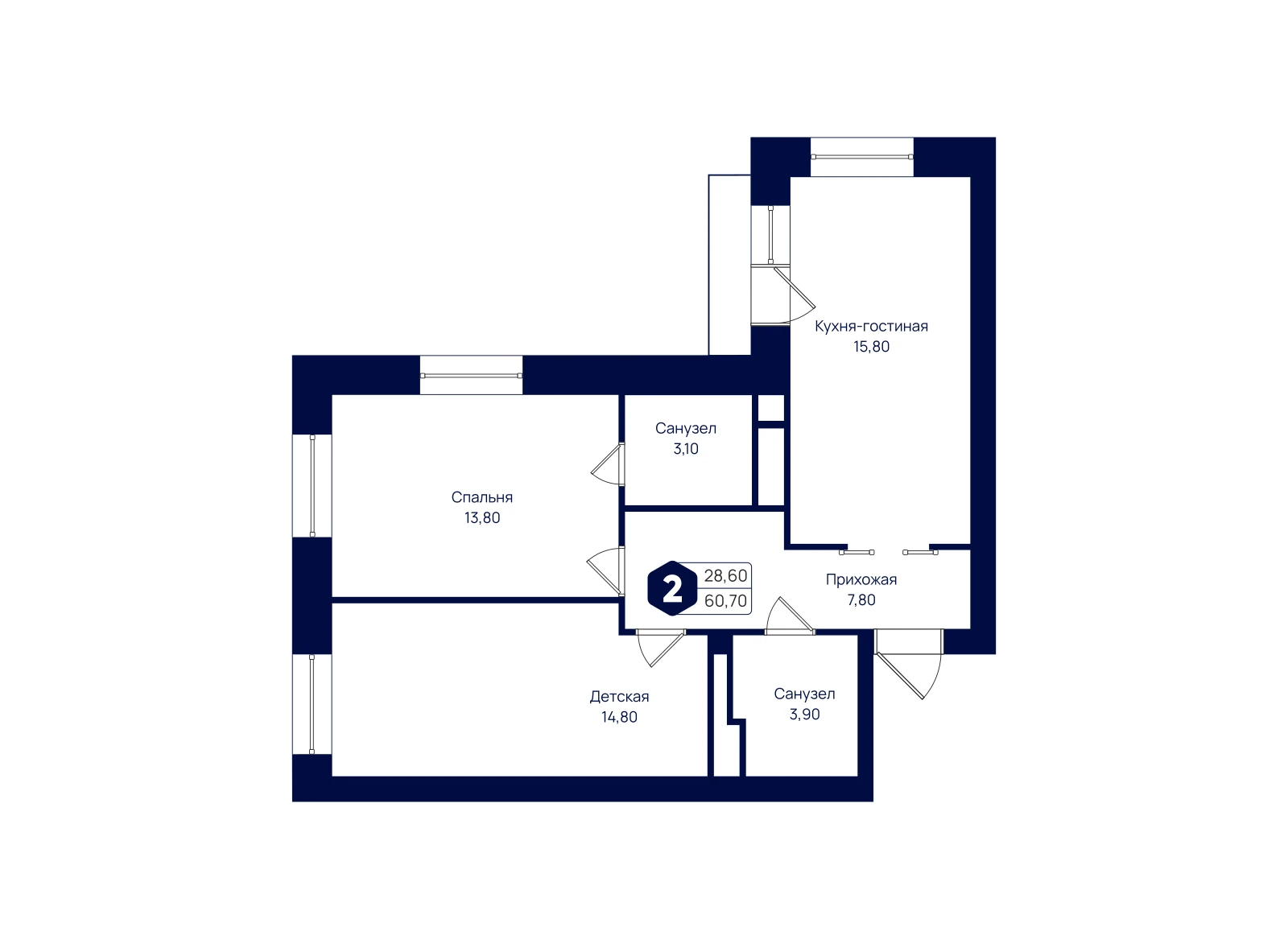 Планировка: 2-комнатная квартира 60,7 м²